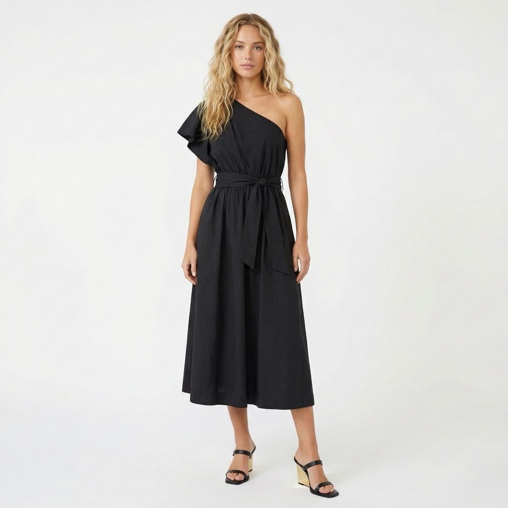 Madewell Dress Brooke Black One Shoulder Midi Ruffle Belted Wedding Party NWT 4